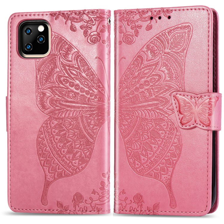 Imprint Big Butterfly Leather Wallet Shell Cover for iPhone 11 Pro Max 6.5 inch - Pink-1
