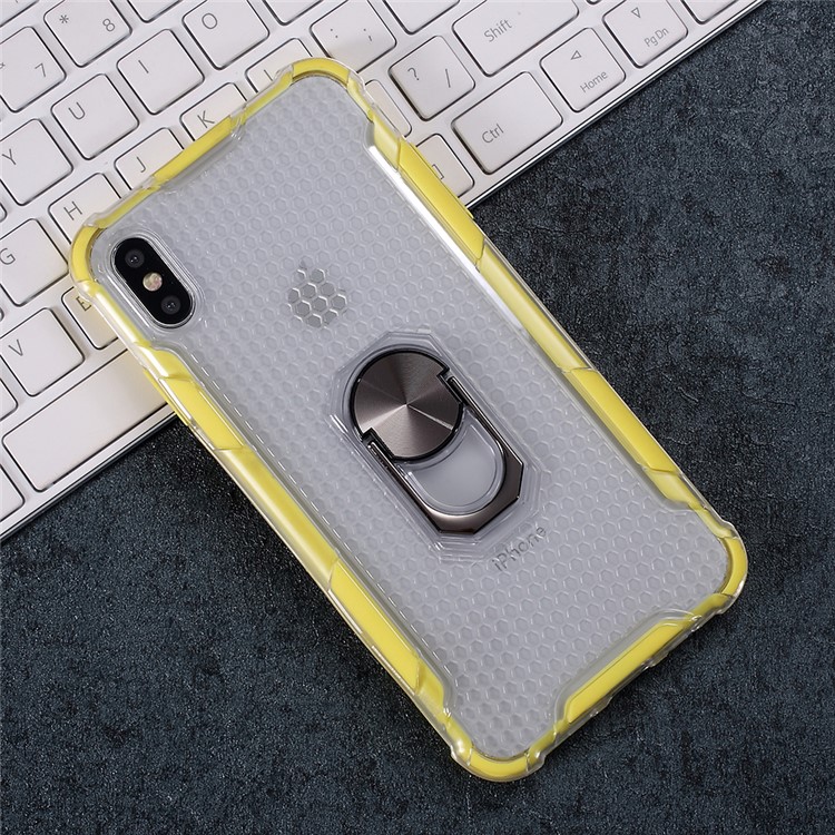 360° Rotatable Finger Ring Kickstand PC + TPU Hybrid Case for iPhone X/XS 5.8 inch - Yellow-1