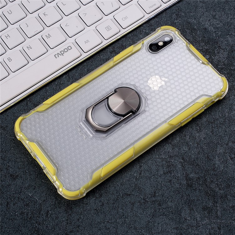 360° Rotatable Finger Ring Kickstand PC + TPU Hybrid Case for iPhone X/XS 5.8 inch - Yellow-2