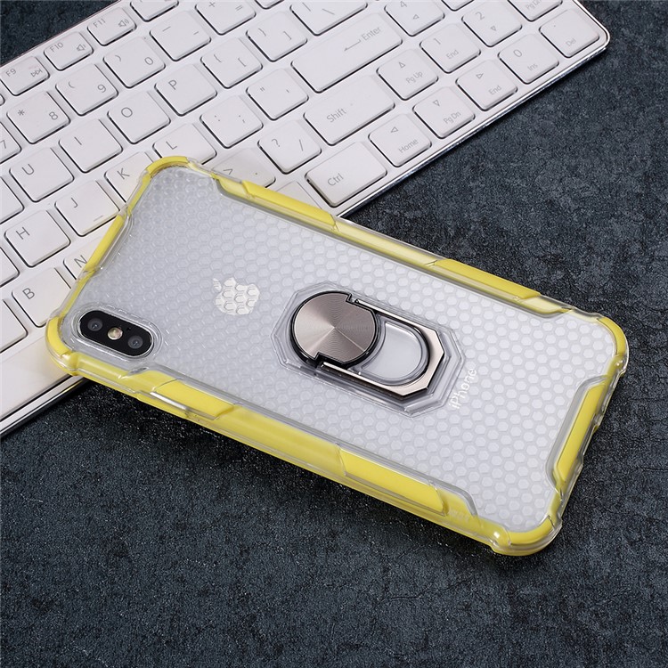 360° Rotatable Finger Ring Kickstand PC + TPU Hybrid Case for iPhone X/XS 5.8 inch - Yellow-3