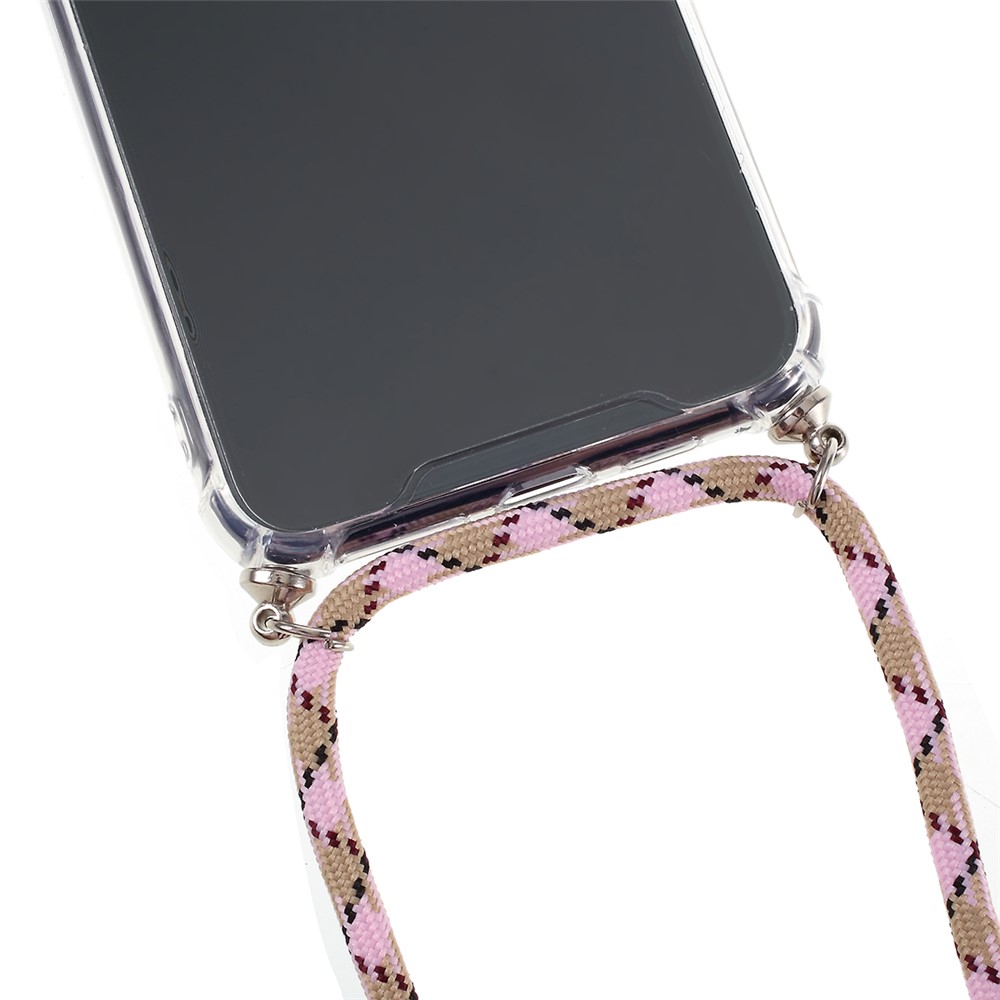 Tpu y Revestimiento de Acrílico Brillante Anti-caída Con Correa Textil Para Iphone 11 Pro 5.8 Pulgadas (2019) - Rosa Claro/marrón