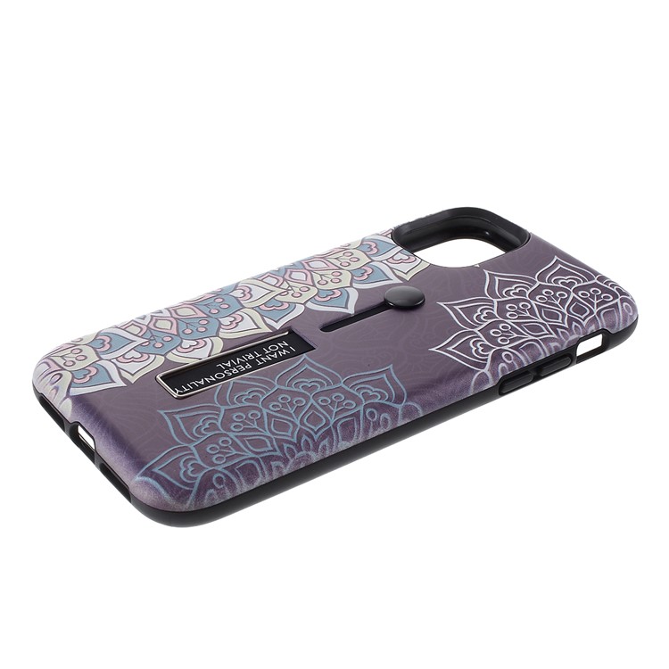 For iPhone 11 6.1-inch Embossed Flower Pattern Phone Case with Finger Grip and Kickstand - Purple-3