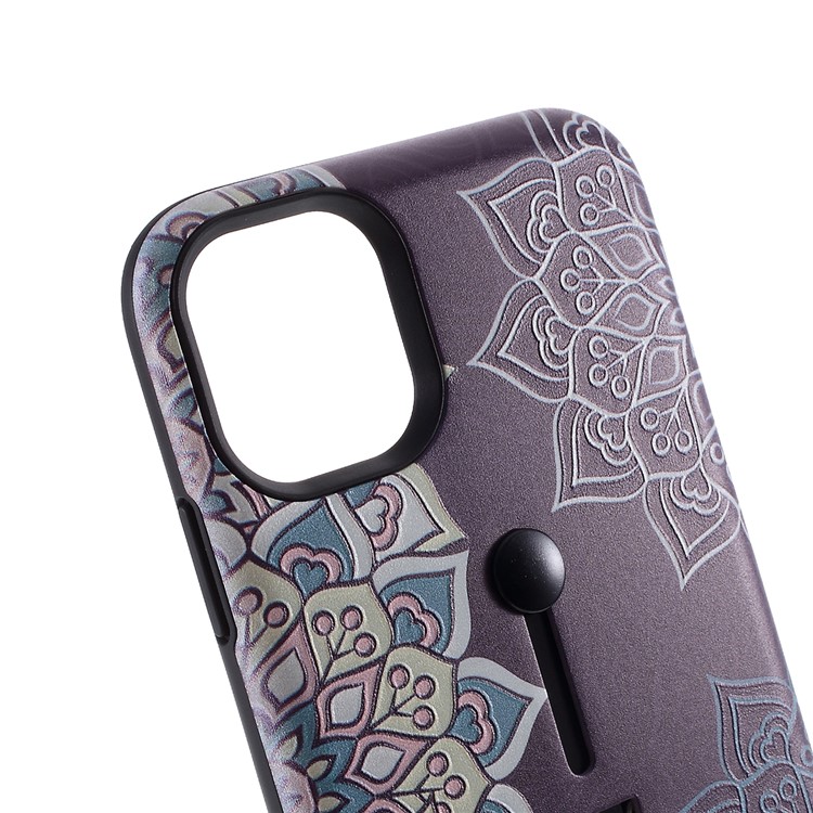 For iPhone 11 6.1-inch Embossed Flower Pattern Phone Case with Finger Grip and Kickstand - Purple-4