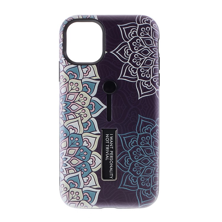 For iPhone 11 6.1-inch Embossed Flower Pattern Phone Case with Finger Grip and Kickstand - Purple-9