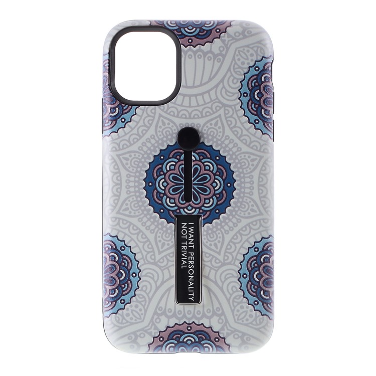 For iPhone 11 6.1-inch Embossed Flower Pattern Phone Case with Finger Grip and Kickstand - White-1