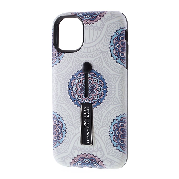 For iPhone 11 6.1-inch Embossed Flower Pattern Phone Case with Finger Grip and Kickstand - White-2