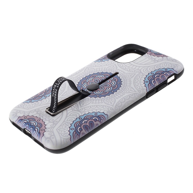 For iPhone 11 6.1-inch Embossed Flower Pattern Phone Case with Finger Grip and Kickstand - White-4