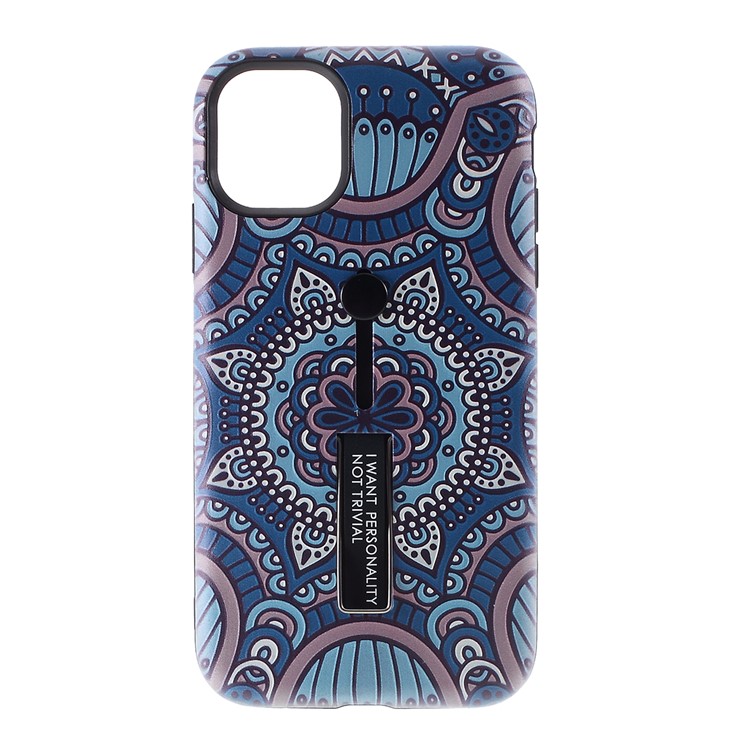 For iPhone 11 6.1-inch Embossed Flower Pattern Phone Case with Finger Grip and Kickstand - Blue-1