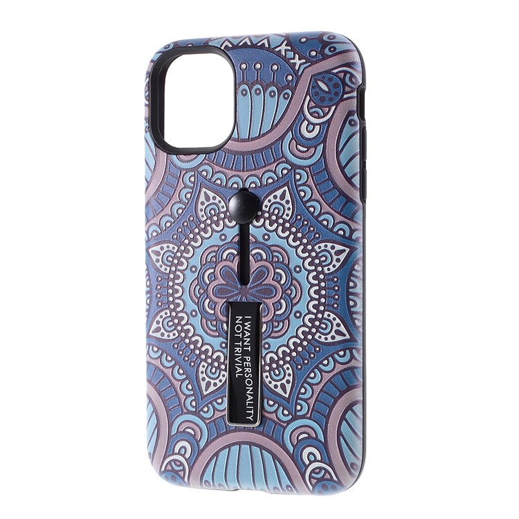 For iPhone 11 6.1-inch Embossed Flower Pattern Phone Case with Finger Grip and Kickstand - Blue-2
