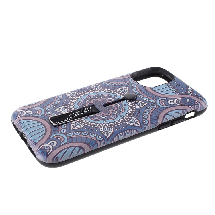 For iPhone 11 6.1-inch Embossed Flower Pattern Phone Case with Finger Grip and Kickstand - Blue-3