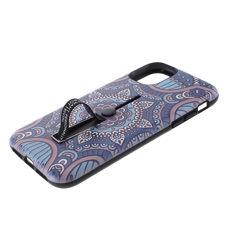 For iPhone 11 6.1-inch Embossed Flower Pattern Phone Case with Finger Grip and Kickstand - Blue-4