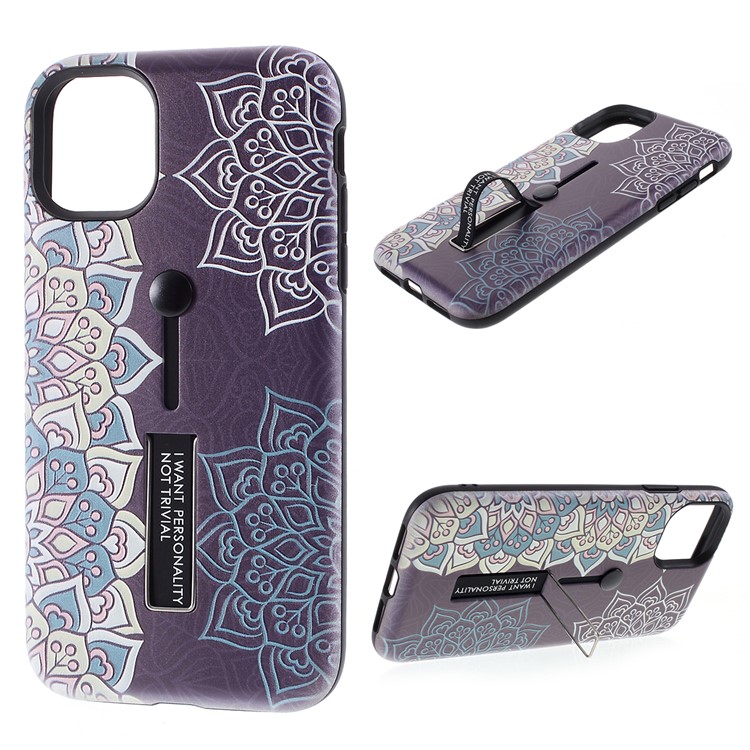 For iPhone 11 Pro Max 6.5 inch Embossed Flower Pattern Phone Case with Finger Grip and Kickstand - Purple-1