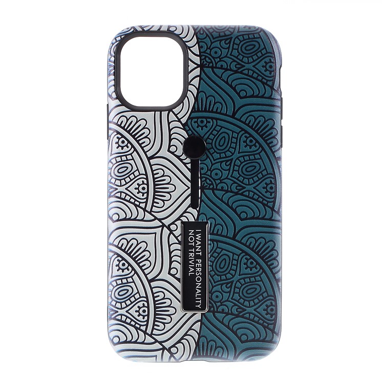 For iPhone 11 Pro Max 6.5 inch Embossed Flower Pattern Phone Case with Finger Grip and Kickstand - White/Green-1