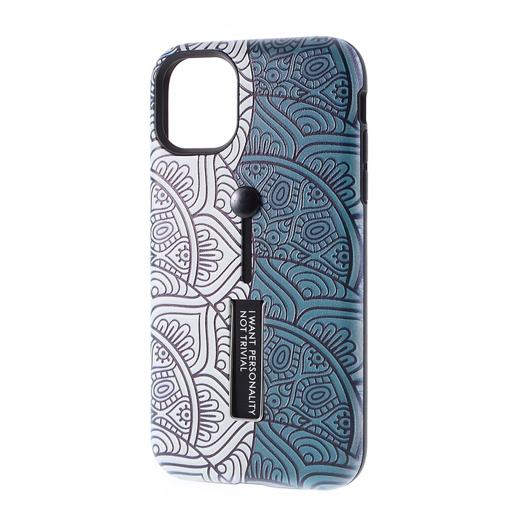 For iPhone 11 Pro Max 6.5 inch Embossed Flower Pattern Phone Case with Finger Grip and Kickstand - White/Green-2