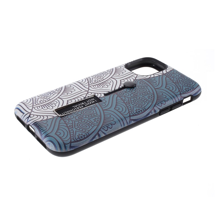 For iPhone 11 Pro Max 6.5 inch Embossed Flower Pattern Phone Case with Finger Grip and Kickstand - White/Green-3