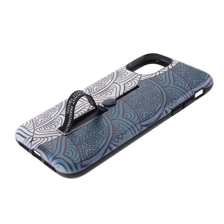 For iPhone 11 Pro Max 6.5 inch Embossed Flower Pattern Phone Case with Finger Grip and Kickstand - White/Green-4