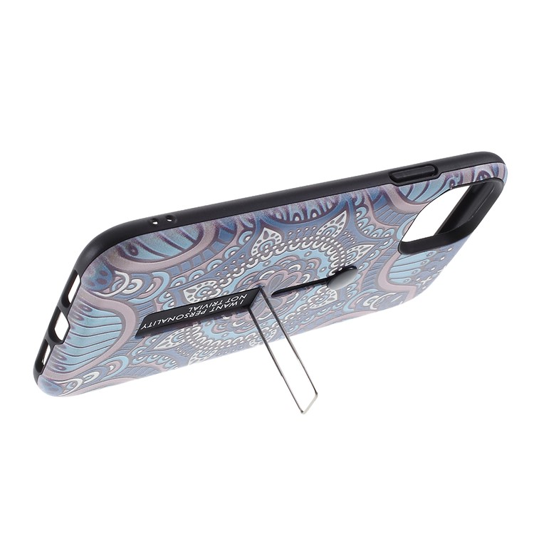 For iPhone 11 Pro Max 6.5 inch Embossed Flower Pattern Phone Case with Finger Grip and Kickstand - Dark Blue-5
