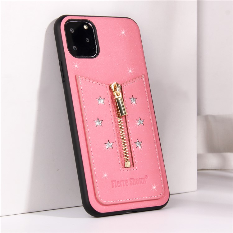 FIERRE SHANN Zipper Card Slot Back Phone Case for iPhone 11 Pro 5.8 inch - Pink-2