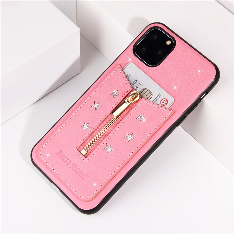FIERRE SHANN Zipper Card Slot Back Phone Case for iPhone 11 Pro 5.8 inch - Pink-4