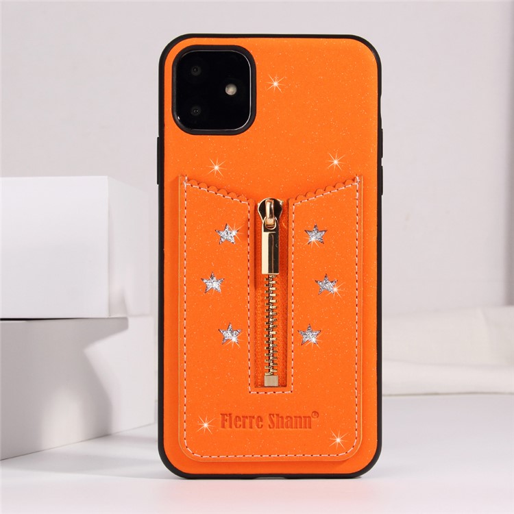 FIERRE SHANN Zipper Card Slot TPU + Leather Back Phone Case for iPhone 11 6.1 inch - Orange-1