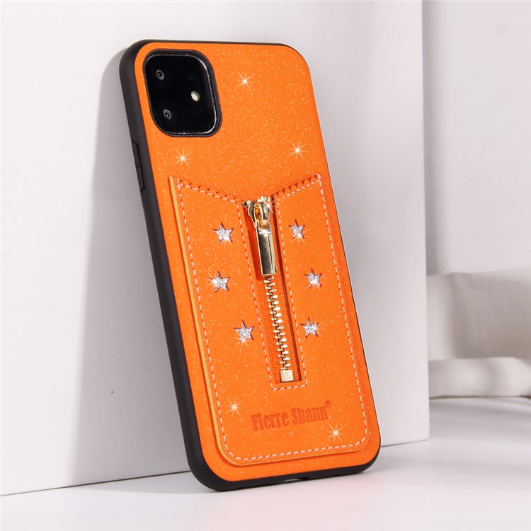 FIERRE SHANN Zipper Card Slot TPU + Leather Back Phone Case for iPhone 11 6.1 inch - Orange-2