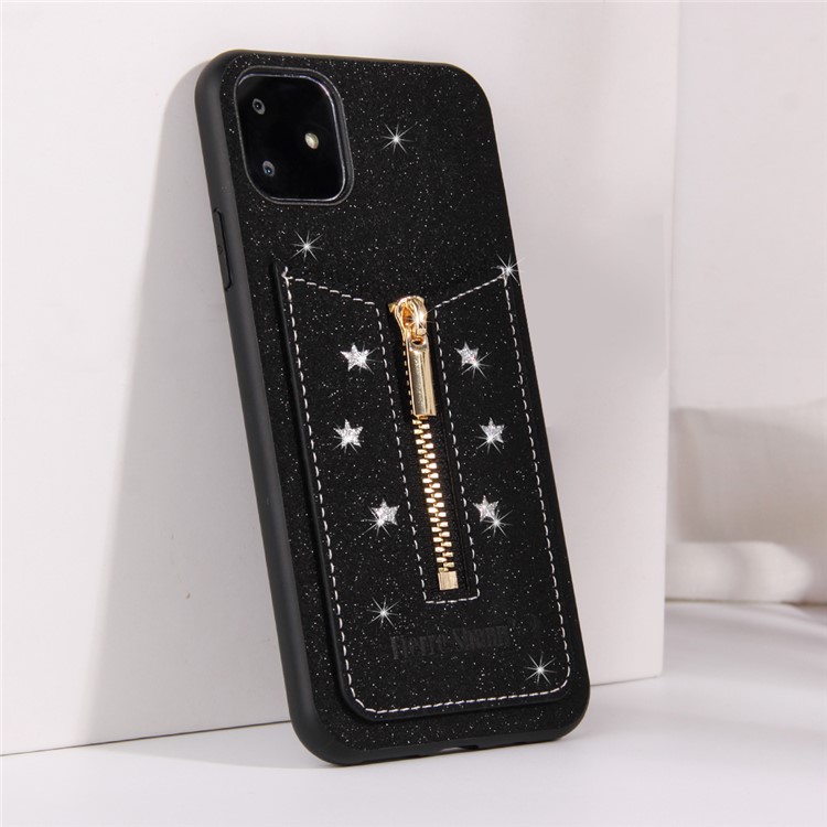 FIERRE SHANN Zipper Card Slot TPU + Leather Back Phone Case for iPhone 11 6.1 inch - Black-2