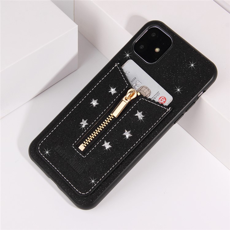 FIERRE SHANN Zipper Card Slot TPU + Leather Back Phone Case for iPhone 11 6.1 inch - Black-4
