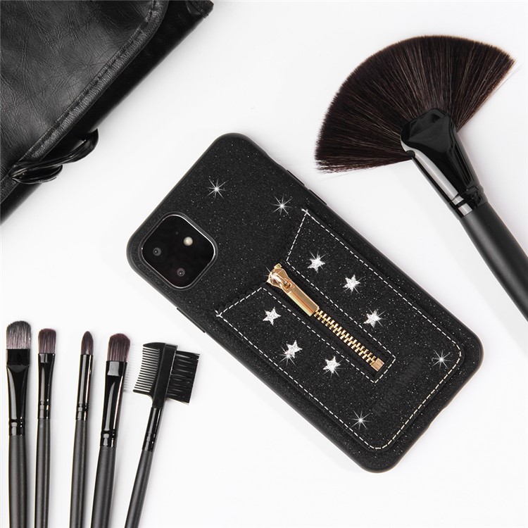 FIERRE SHANN Zipper Card Slot TPU + Leather Back Phone Case for iPhone 11 6.1 inch - Black-6