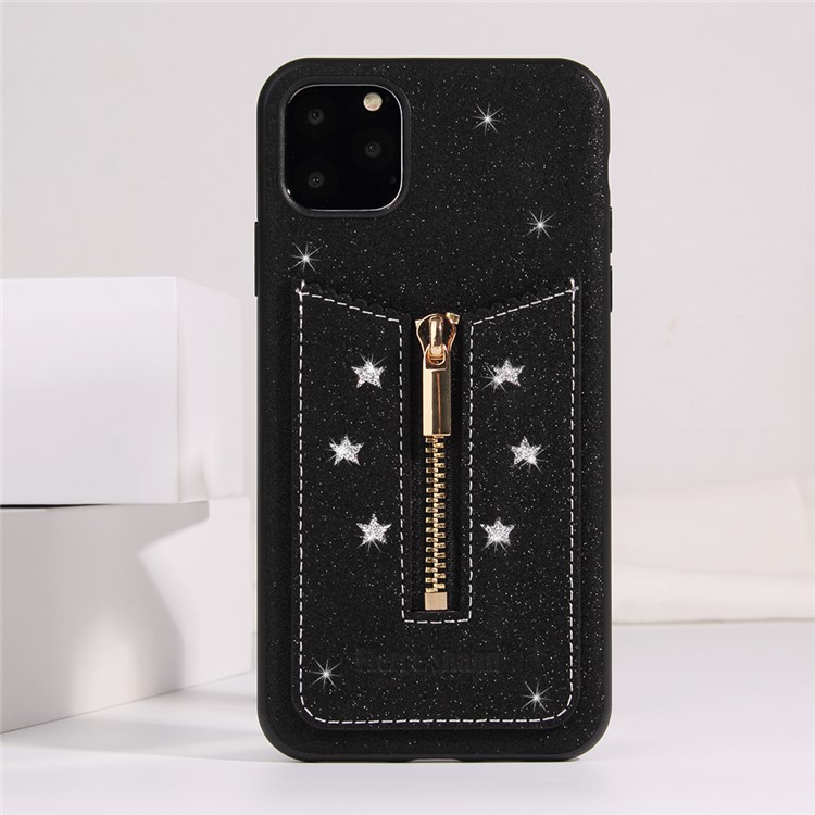 FIERRE SHANN Zipper Card Slot Back Phone Case Cover for iPhone 11 Pro Max 6.5 inch - Black-1