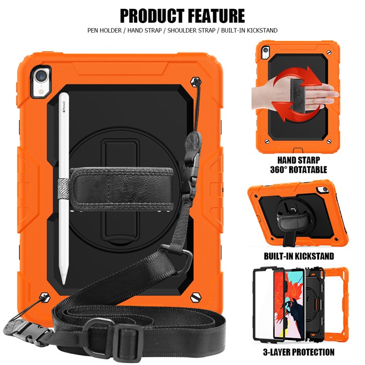 360° Swivel Handy Strap PC Silicone Combo Kickstand Tablet Shell with Shoulder Strap + Screen Protector for iPad Pro 11-inch (2018) - Orange Outer Layer/Black-2