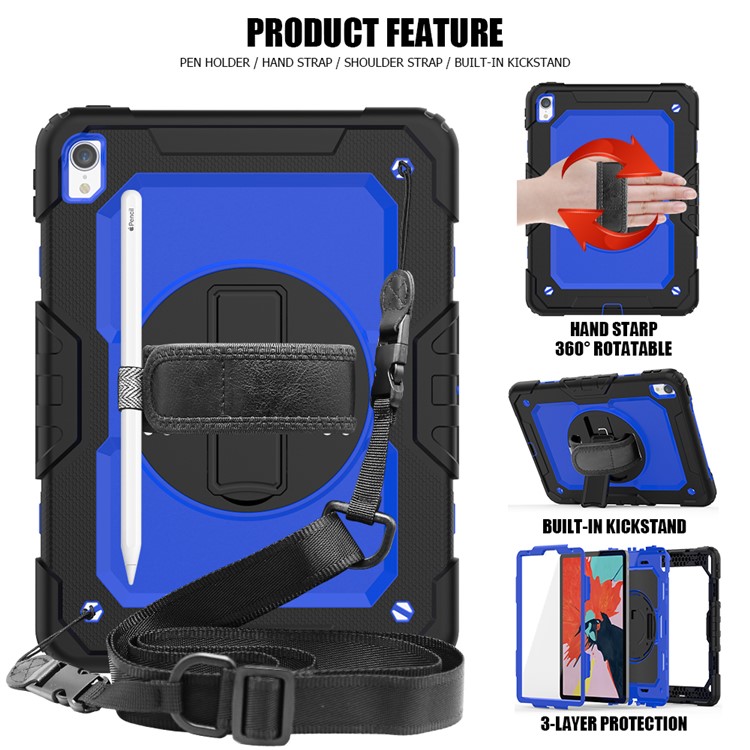 360° Swivel Handy Strap PC Silicone Combo Kickstand Tablet Shell with Shoulder Strap + Screen Protector for iPad Pro 11-inch (2018) - Black Outer Layer/Blue-2