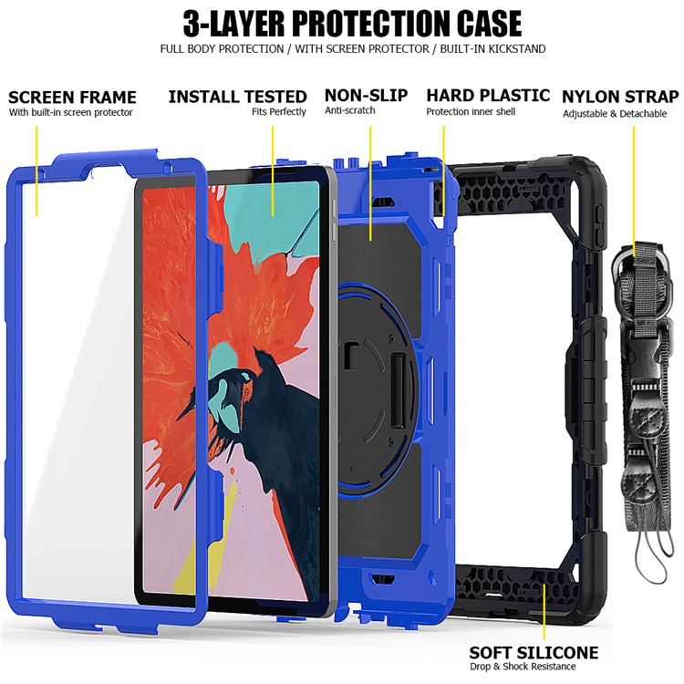 360° Swivel Handy Strap PC Silicone Combo Kickstand Tablet Shell with Shoulder Strap + Screen Protector for iPad Pro 11-inch (2018) - Black Outer Layer/Blue-3
