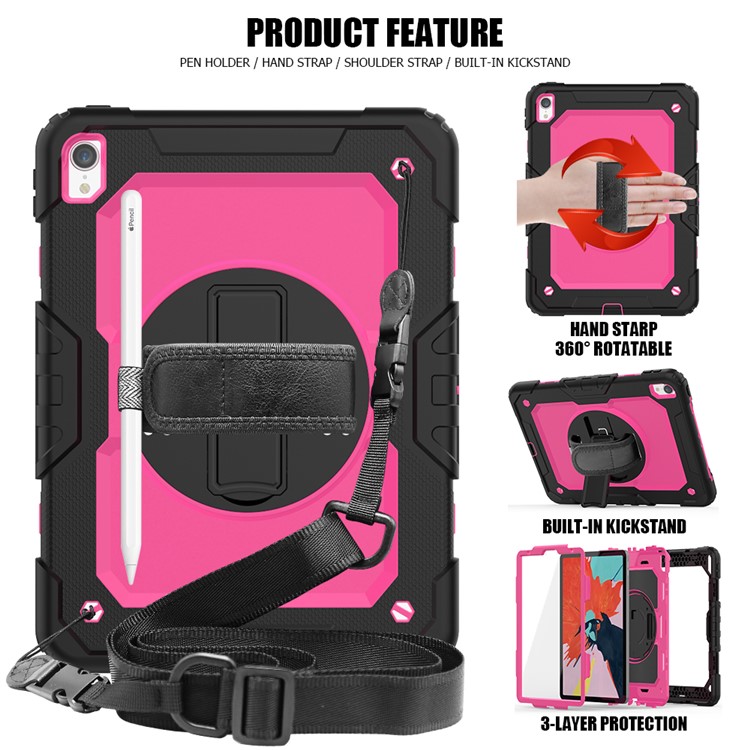360° Swivel Handy Strap PC Silicone Combo Kickstand Tablet Shell with Shoulder Strap + Screen Protector for iPad Pro 11-inch (2018) - Black Outer Layer/Rose-2