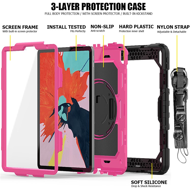 360° Swivel Handy Strap PC Silicone Combo Kickstand Tablet Shell with Shoulder Strap + Screen Protector for iPad Pro 11-inch (2018) - Black Outer Layer/Rose-3