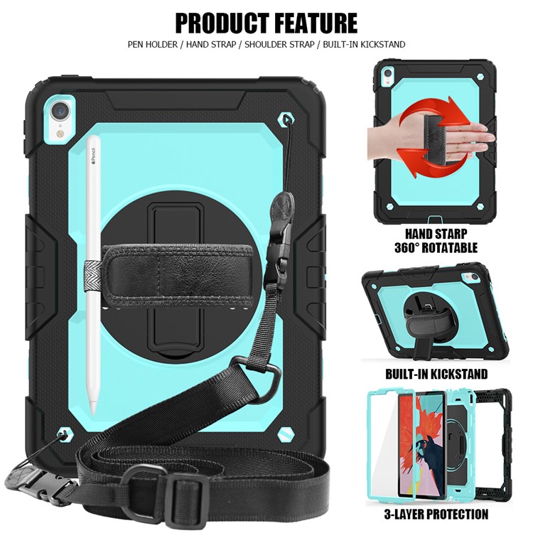 360° Swivel Handy Strap PC Silicone Combo Kickstand Tablet Shell with Shoulder Strap + Screen Protector for iPad Pro 11-inch (2018) - Black Outer Layer/Cyan-2