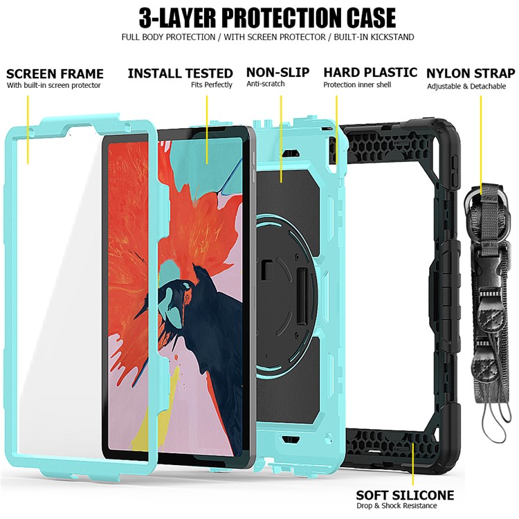 360° Swivel Handy Strap PC Silicone Combo Kickstand Tablet Shell with Shoulder Strap + Screen Protector for iPad Pro 11-inch (2018) - Black Outer Layer/Cyan-3
