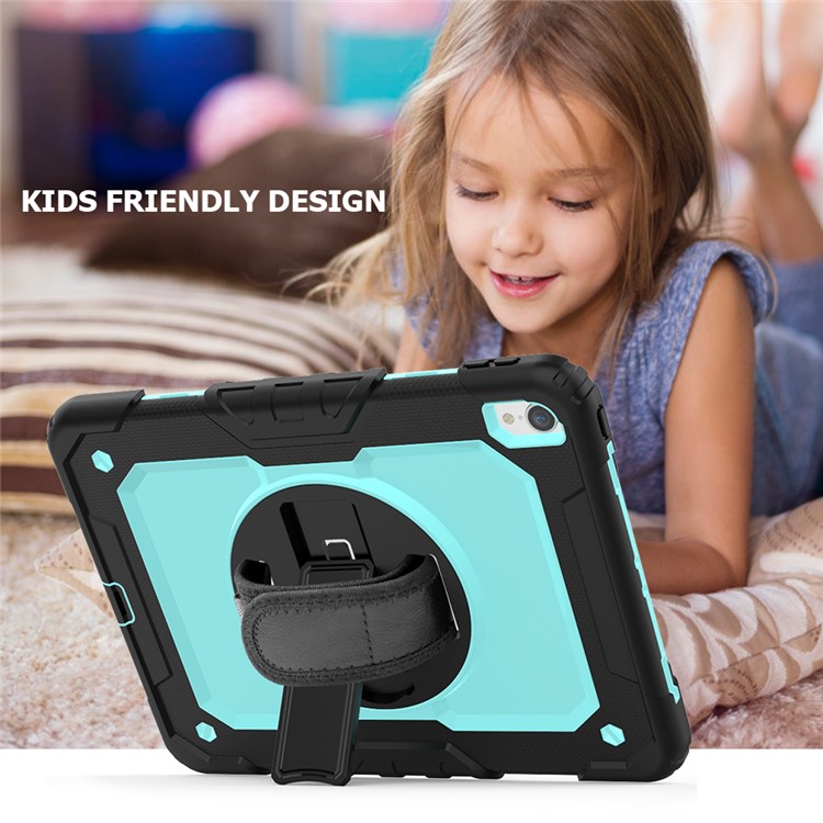 360° Swivel Handy Strap PC Silicone Combo Kickstand Tablet Shell with Shoulder Strap + Screen Protector for iPad Pro 11-inch (2018) - Black Outer Layer/Cyan-4