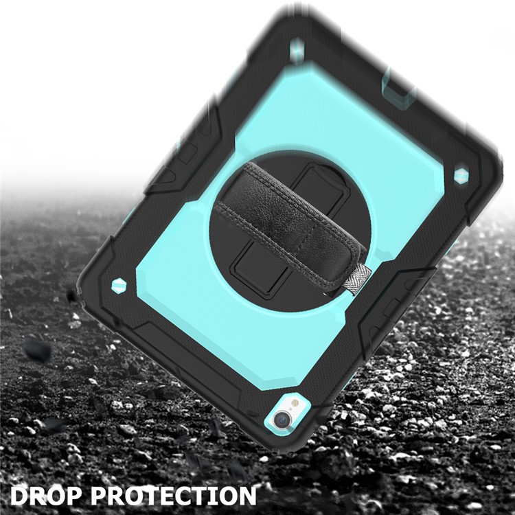 360° Swivel Handy Strap PC Silicone Combo Kickstand Tablet Shell with Shoulder Strap + Screen Protector for iPad Pro 11-inch (2018) - Black Outer Layer/Cyan-5