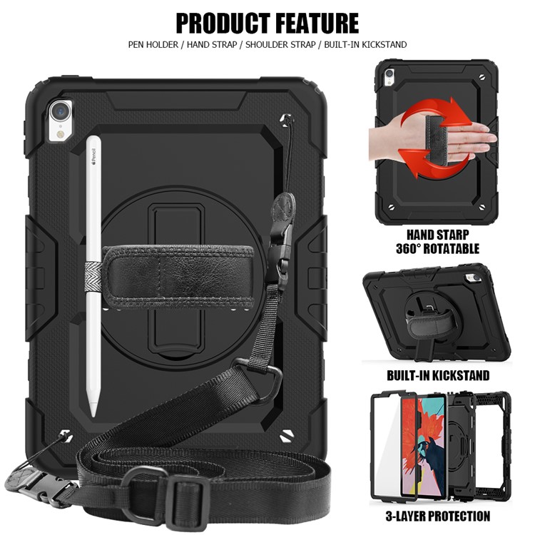 360° Swivel Handy Strap PC Silicone Combo Kickstand Tablet Shell with Shoulder Strap + Screen Protector for iPad Pro 11-inch (2018) - All Black-2