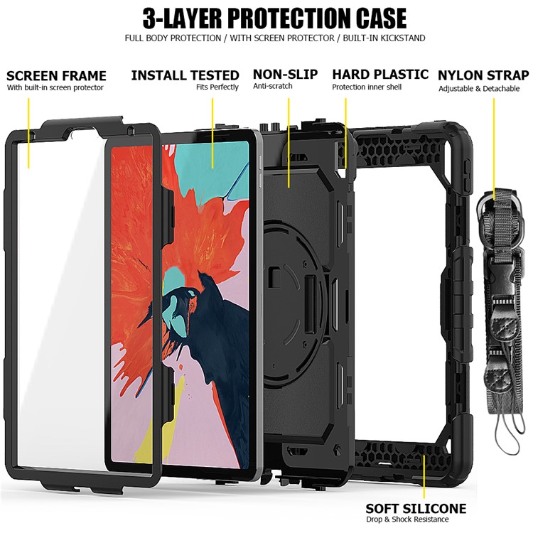 360° Swivel Handy Strap PC Silicone Combo Kickstand Tablet Shell with Shoulder Strap + Screen Protector for iPad Pro 11-inch (2018) - All Black-3