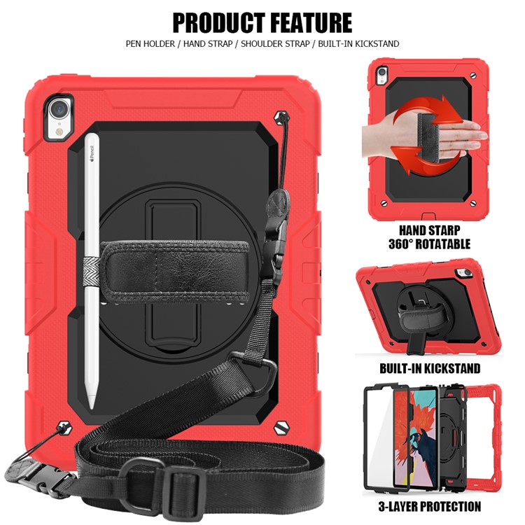 360° Swivel Handy Strap PC Silicone Combo Kickstand Tablet Shell with Shoulder Strap + Screen Protector for iPad Pro 11-inch (2018) - Red Outer Layer/Black-2