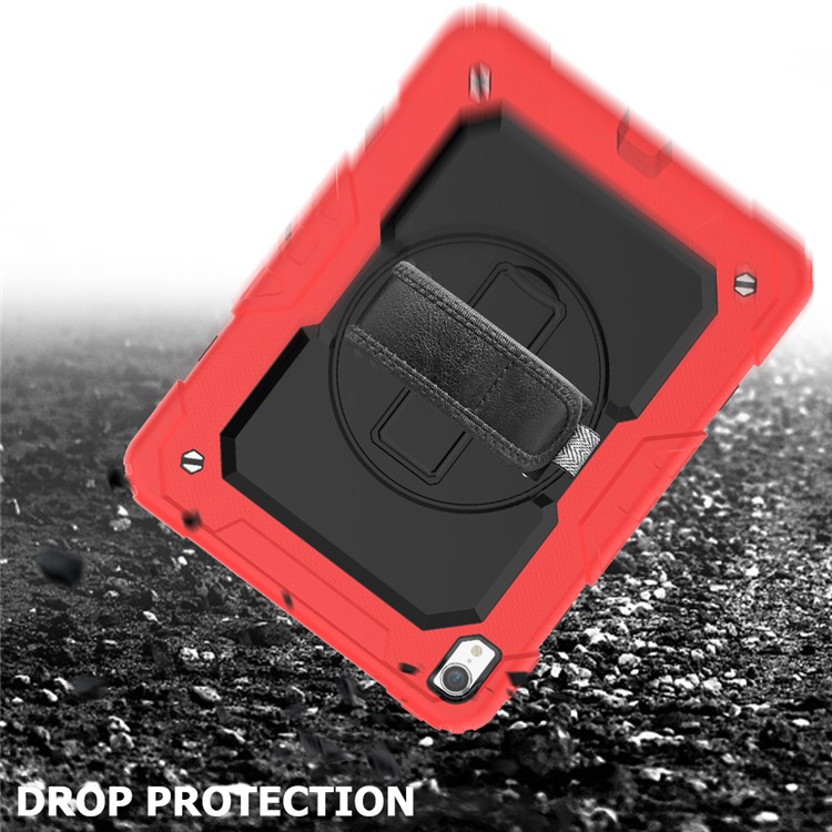 360° Swivel Handy Strap PC Silicone Combo Kickstand Tablet Shell with Shoulder Strap + Screen Protector for iPad Pro 11-inch (2018) - Red Outer Layer/Black-5