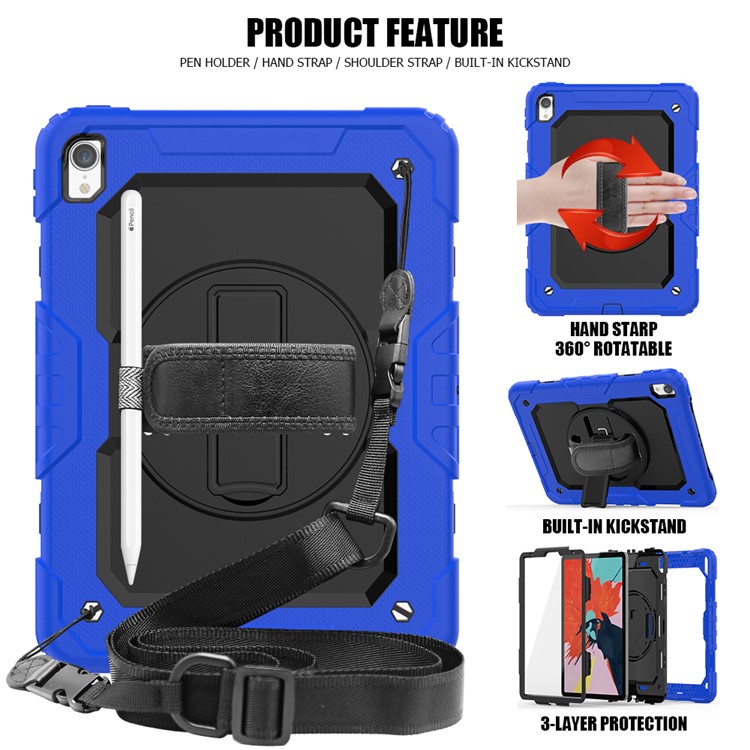 360° Swivel Handy Strap PC Silicone Combo Kickstand Tablet Shell with Shoulder Strap + Screen Protector for iPad Pro 11-inch (2018) - Dark Blue Outer Layer/Black-2