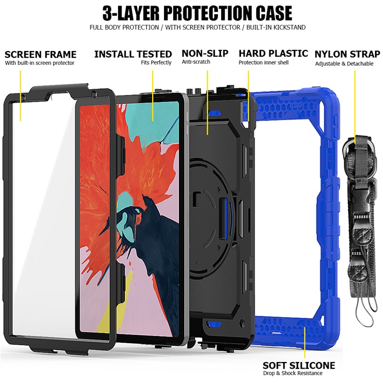 360° Swivel Handy Strap PC Silicone Combo Kickstand Tablet Shell with Shoulder Strap + Screen Protector for iPad Pro 11-inch (2018) - Dark Blue Outer Layer/Black-3
