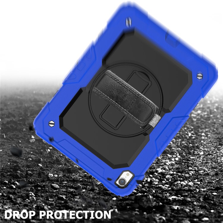 360° Swivel Handy Strap PC Silicone Combo Kickstand Tablet Shell with Shoulder Strap + Screen Protector for iPad Pro 11-inch (2018) - Dark Blue Outer Layer/Black-5