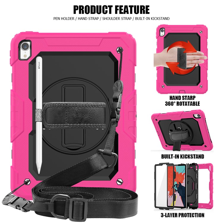 360° Swivel Handy Strap PC Silicone Combo Kickstand Tablet Shell with Shoulder Strap + Screen Protector for iPad Pro 11-inch (2018) - Rose Outer Layer/Black-2