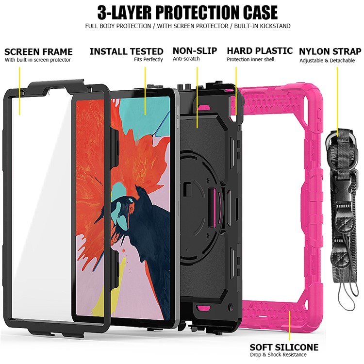 360° Swivel Handy Strap PC Silicone Combo Kickstand Tablet Shell with Shoulder Strap + Screen Protector for iPad Pro 11-inch (2018) - Rose Outer Layer/Black-3