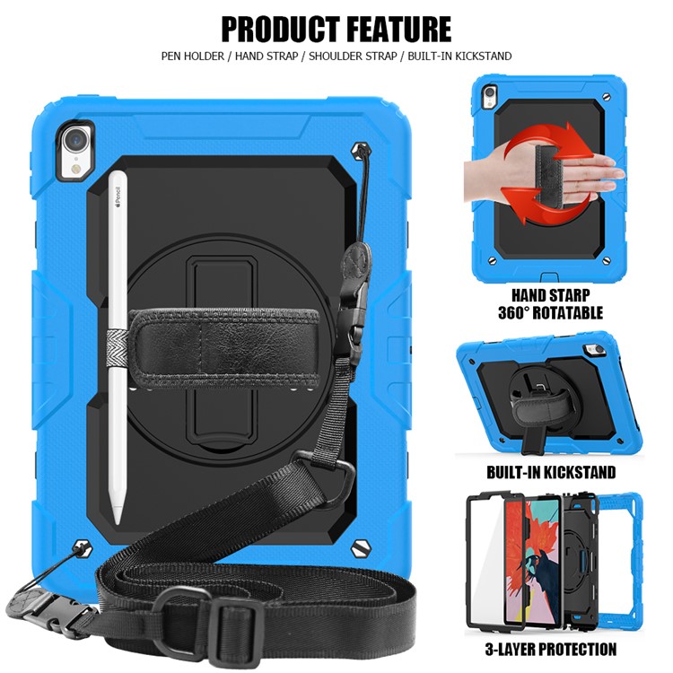 360° Swivel Handy Strap PC Silicone Combo Kickstand Tablet Shell with Shoulder Strap + Screen Protector for iPad Pro 11-inch (2018) - Baby Blue Outer Layer/Black-2