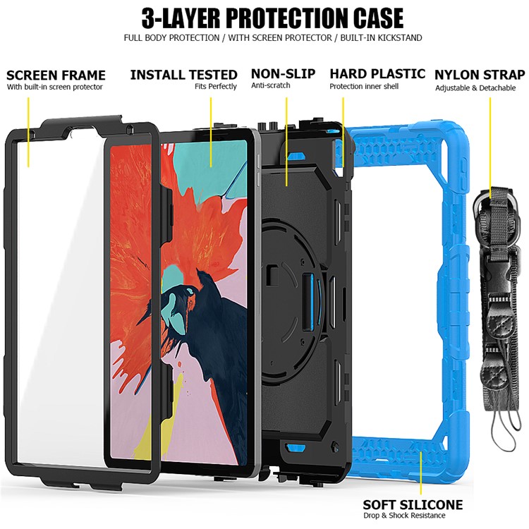 360° Swivel Handy Strap PC Silicone Combo Kickstand Tablet Shell with Shoulder Strap + Screen Protector for iPad Pro 11-inch (2018) - Baby Blue Outer Layer/Black-3