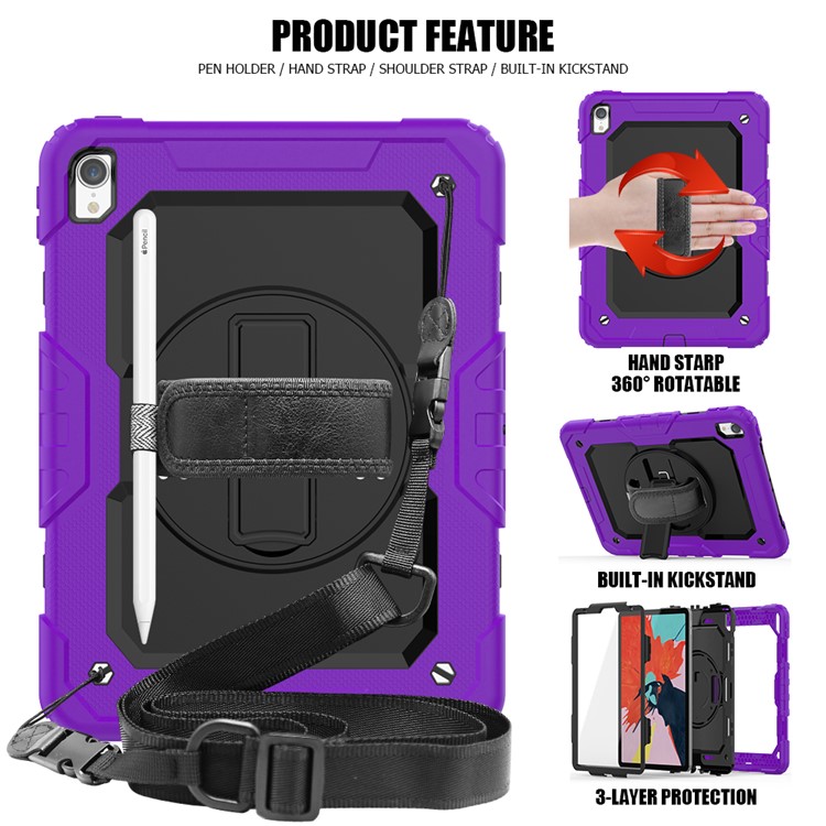 360° Swivel Handy Strap PC Silicone Combo Kickstand Tablet Shell with Shoulder Strap + Screen Protector for iPad Pro 11-inch (2018) - Purple Outer Layer/Black-2